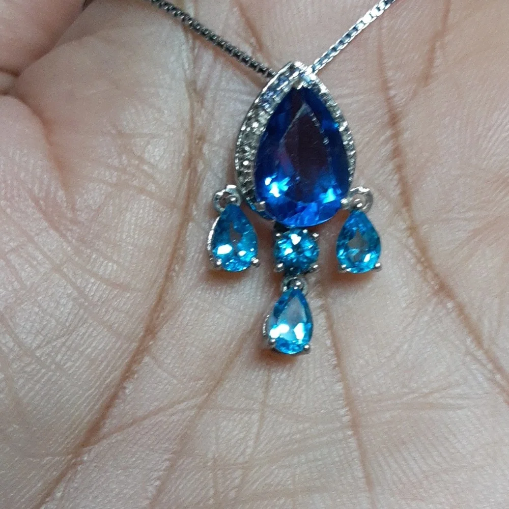 925 Genuine Color Change Fluorite And Blue Topaz Slide Pendant. - Picture 2 of 3